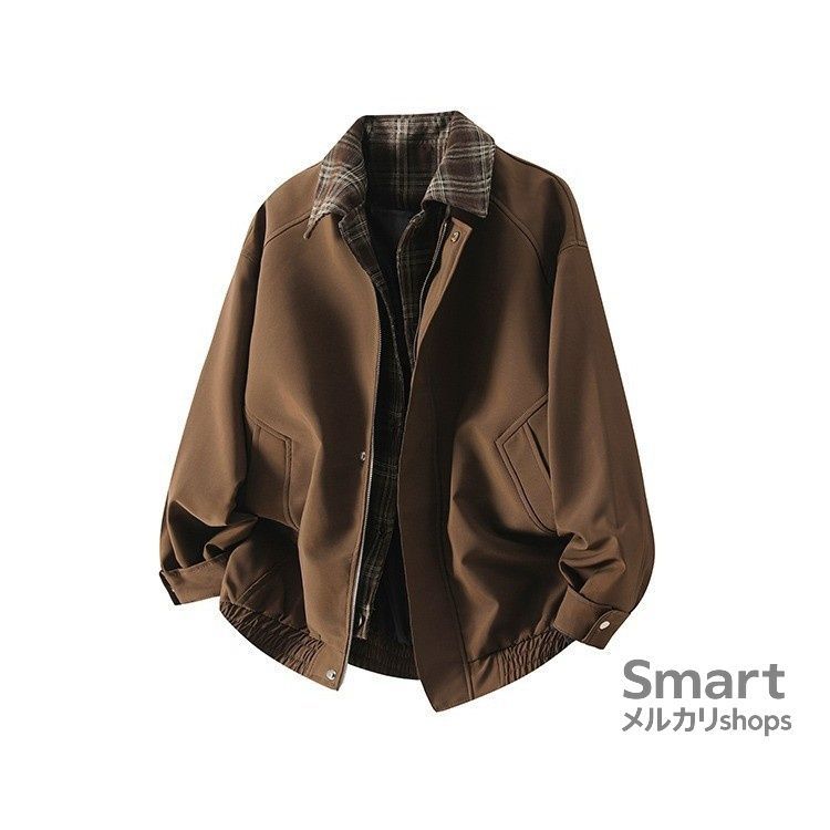 フライトジャケット メンズ ブラウン チェック切替 襟付き レトロ 高街