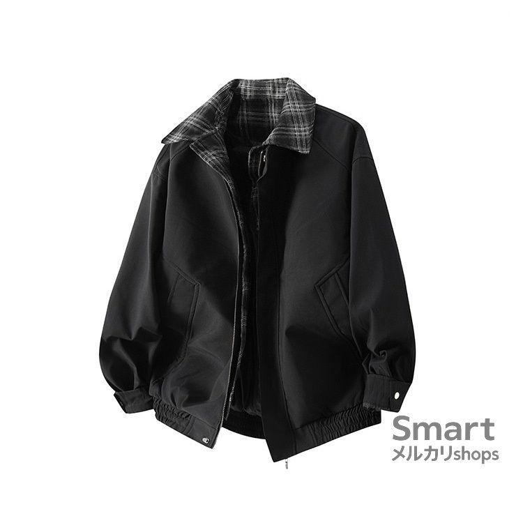 フライトジャケット メンズ ブラウン チェック切替 襟付き レトロ 高街
