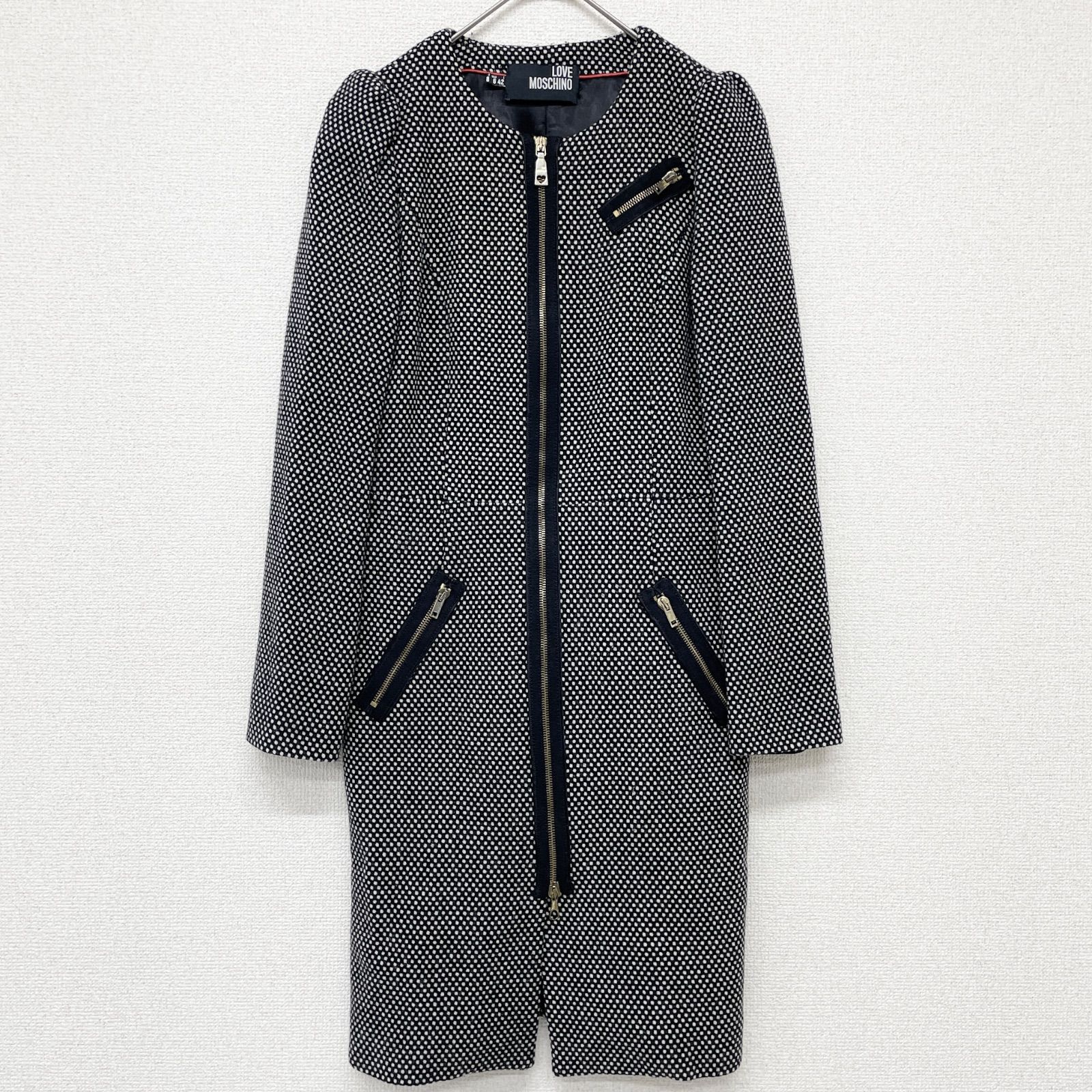 MOSCHINO モスキーノ ロングコート ノーカラー ドット柄 カシミヤ