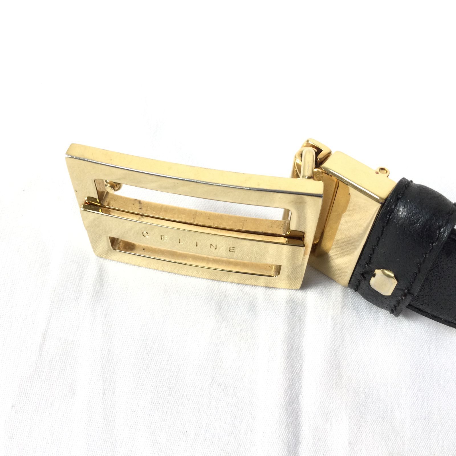 CELINE セリーヌ ロゴ刻印 レザーベルト ブラック ゴールドバックル