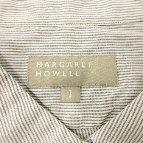 マーガレットハウエル MARGARET HOWELL シャツ 絹 シルク 1 グレー 白 ホワイト ストライプ柄 丸襟 長袖 /MN29 ■GY60
