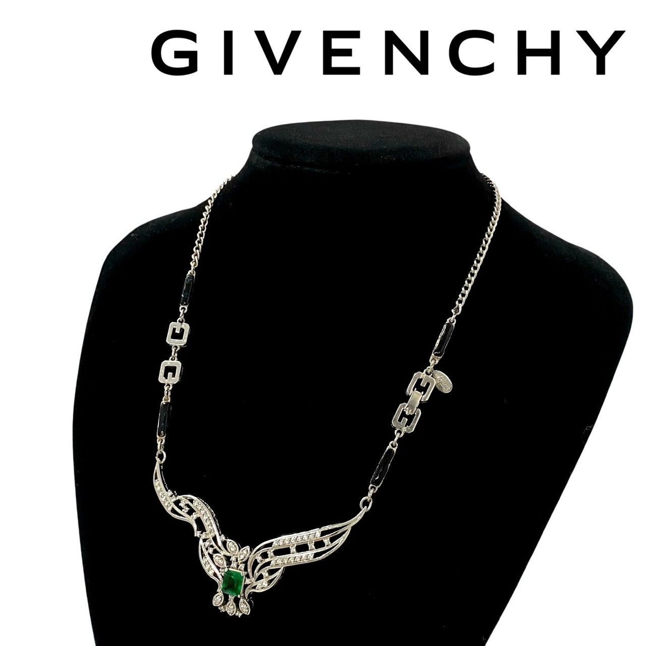 SU【GIVENCHY】ネックレス シルバーカラー カラーストーン グリーン/緑