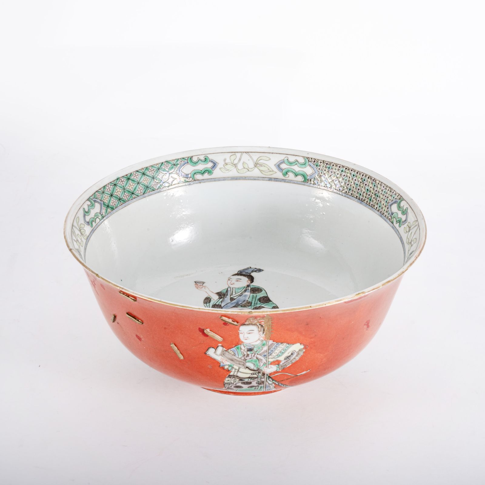 大鉢■太明成化年製銘 のぞき赤龍紋 人物 唐草 古玩 唐物 時代物 骨董品■ 大清康熙年製 五彩 人物故事図 大鉢 直径約20.8cm 色絵 飾り鉢 唐物