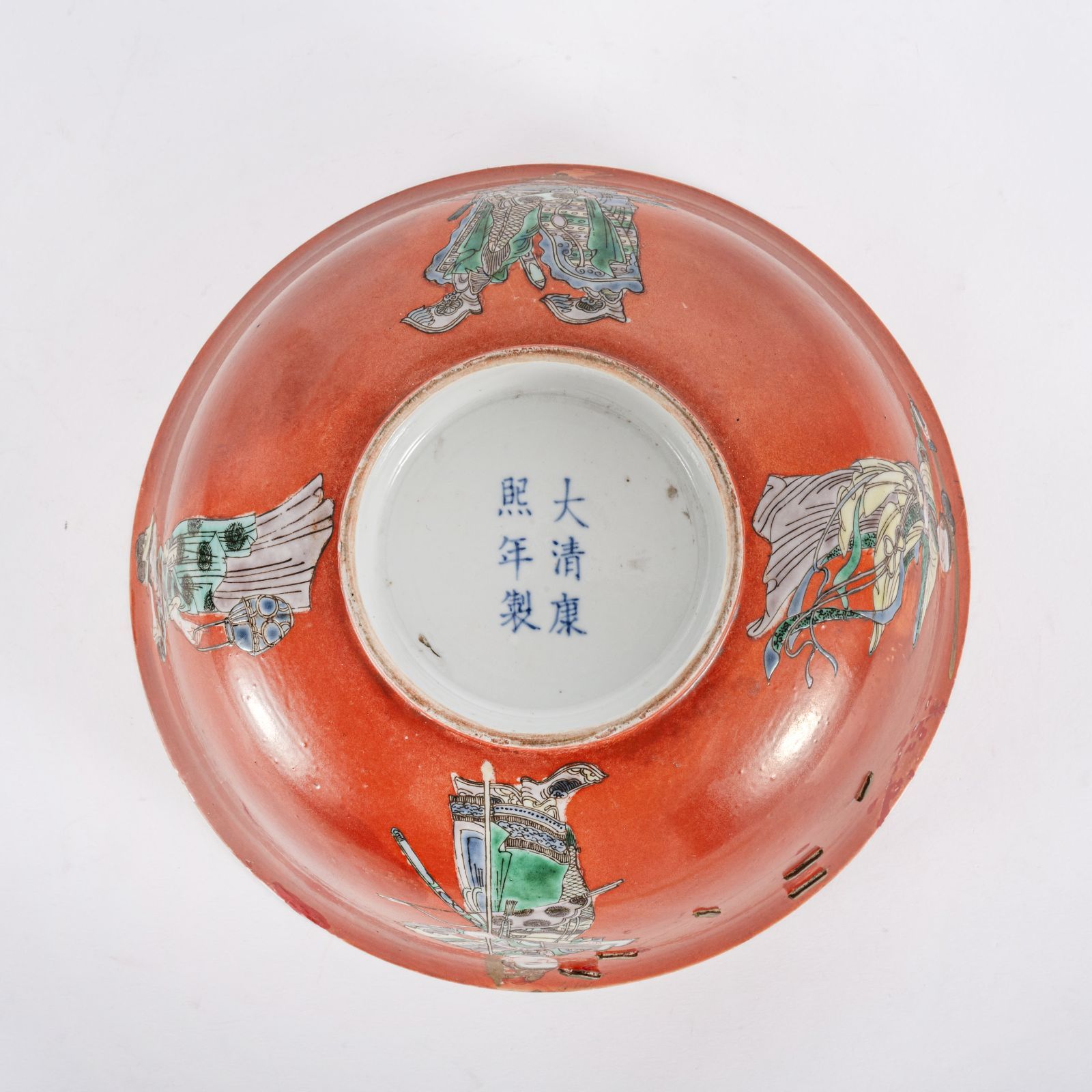 中国骨董　大清康熙年製　在銘　粉彩　五彩　古染付　仏寿鉢　お椀湯呑み(N-19) 大清康熙年製 五彩 人物故事図 大鉢 直径約20.8cm 色絵 飾り鉢 唐物