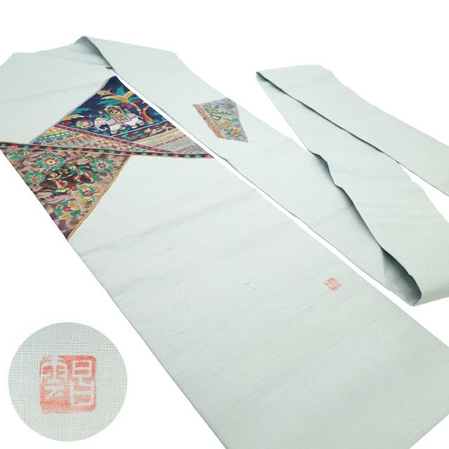 未使用仕立て上がり　鬼柄　紬名古屋帯　正絹 新古品】 名古屋帯 未使用 正絹 紬 九寸 作家物 昌雲 落款 手描き 手