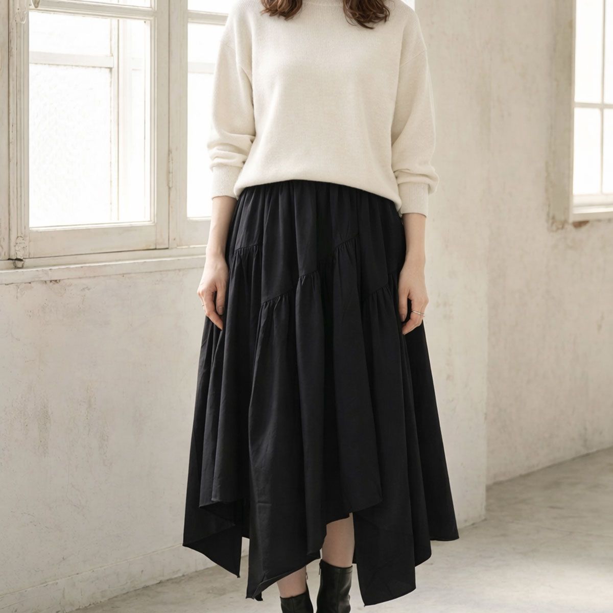アシンメトリー ギャザースカート レディース M〜L 変形ヘム ウエスト