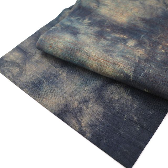 新古品】 名古屋帯 九寸 未使用 紬 正絹 長尺 全通 絞り染め 濃紺 濃灰