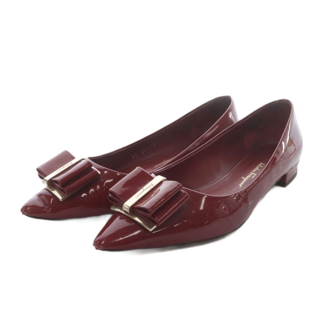 美品 フェラガモ 6D ZERI ゼリ フラットパンプス エナメル リボン 赤 サルヴァトーレフェラガモ Salvatore Ferragamo ZERI パンプス