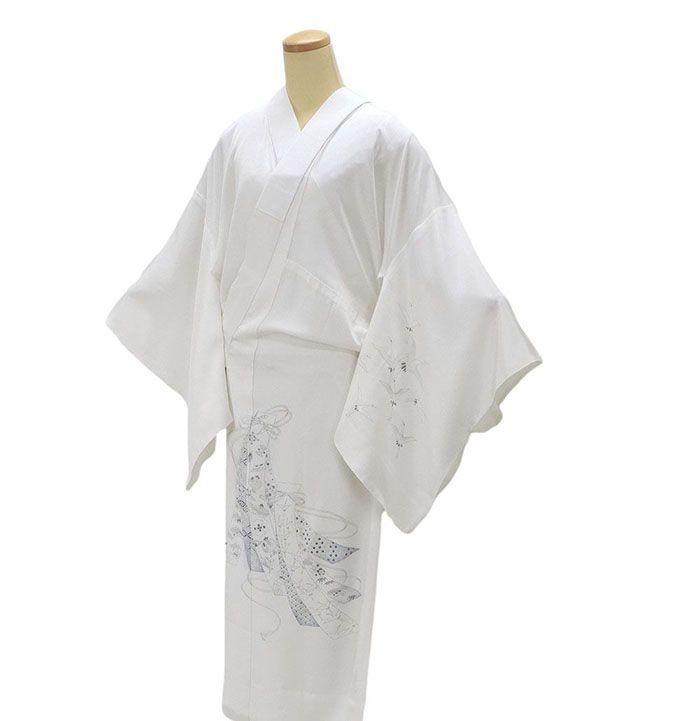 長襦袢 正絹 未使用 絵羽 舞鶴 吉祥 熨斗目 白 身丈139cm 裄丈69.5cm