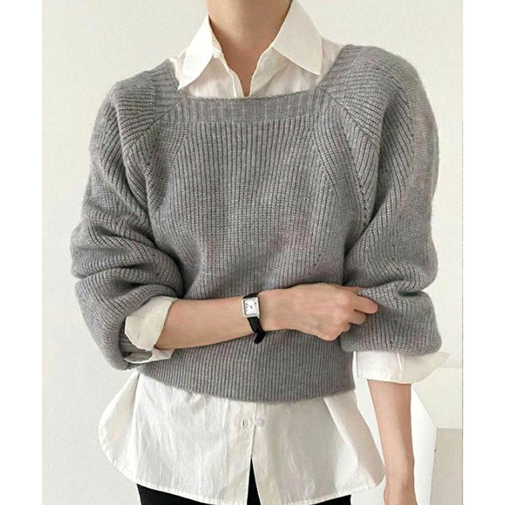 スクエアネックゆるニットセーター ニットプルオーバー リラックス