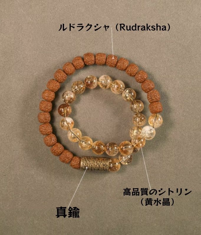 シトリン×ルドラクシャ ダブルブレスレット｜天然素材の実と黄水晶