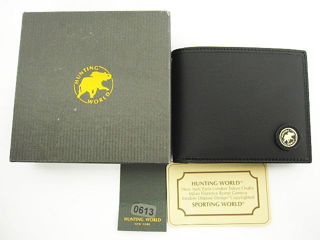 良品 HUNTING WORLD ハンティングワールド 二つ折り 財布 黒 ブラック