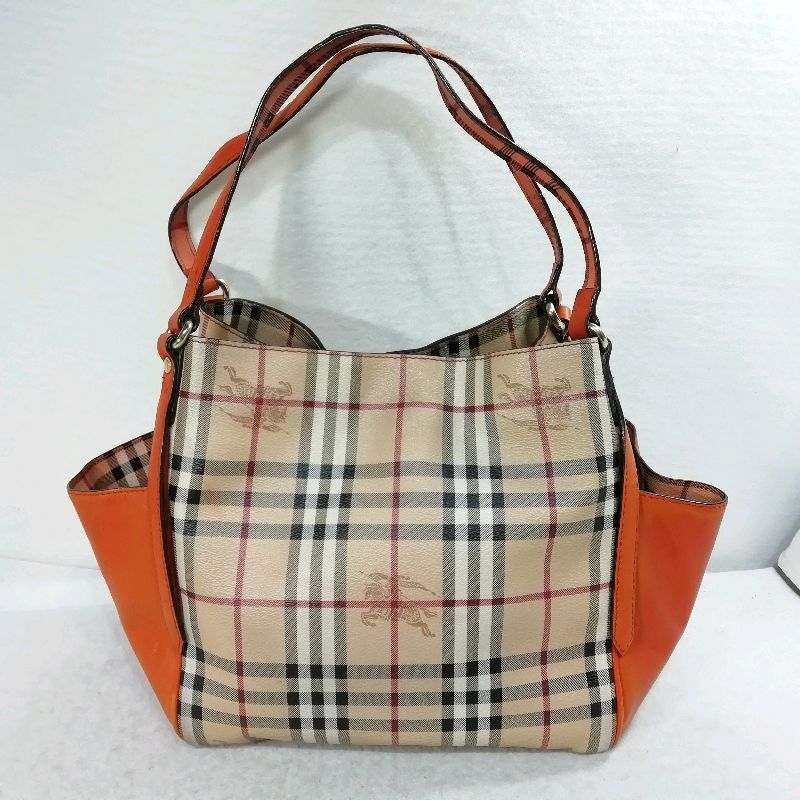 中古】バーバリー トートバッグ オレンジ ノバチェック PVCレザー
