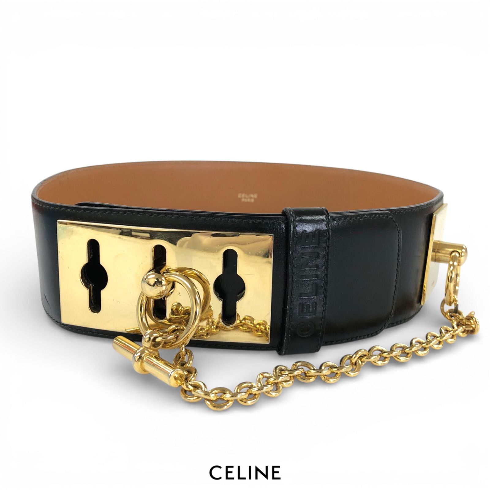 CELINE セリーヌ ベルト レザー 本革 ブラック 黒 マカダム チェーン