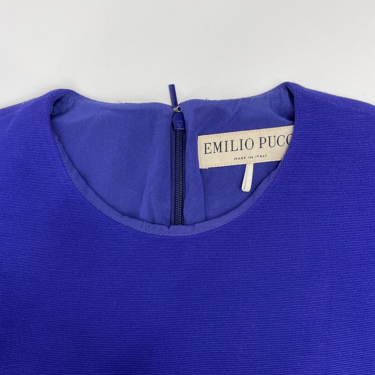 Emilio Pucci エミリオプッチ 76RH55 ﾊﾟｰﾌﾟﾙ 袖ﾌﾟｯﾁ柄 ﾌﾘﾙﾉｰｽﾘｰﾌﾞ ﾄﾞﾚｽ