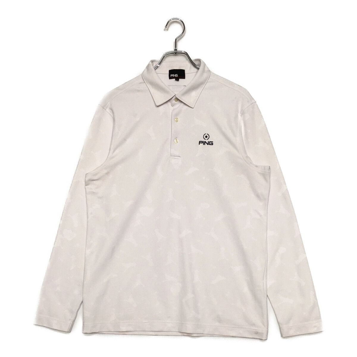 中古 メンズ ピン PING 長袖ポロシャツ LL 白 ホワイト 総柄 秋冬