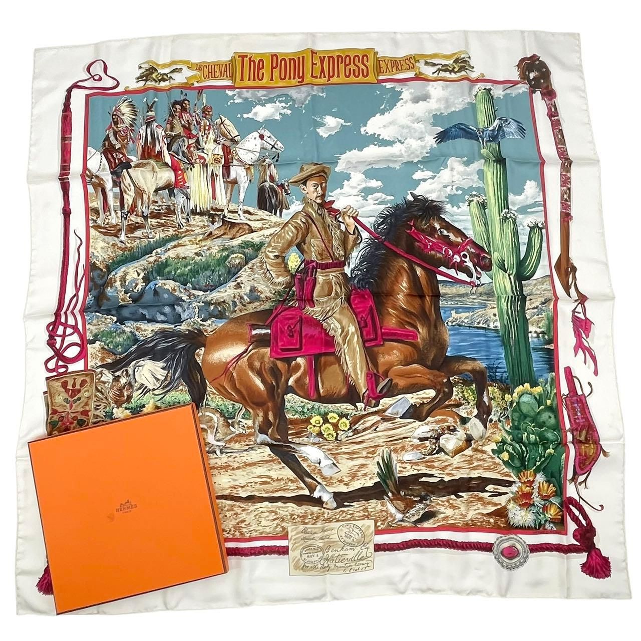 美品 HERMES エルメス カレ90 THE PONY EXPRESS 郵便社 馬 シルク