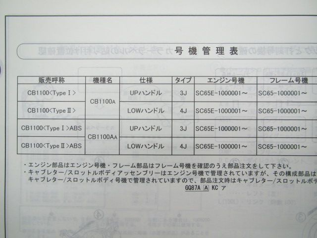 CB1100タイプⅠ Ⅱ パーツリスト 1版 SC65 CQ87A A ホンダ 正規 中古