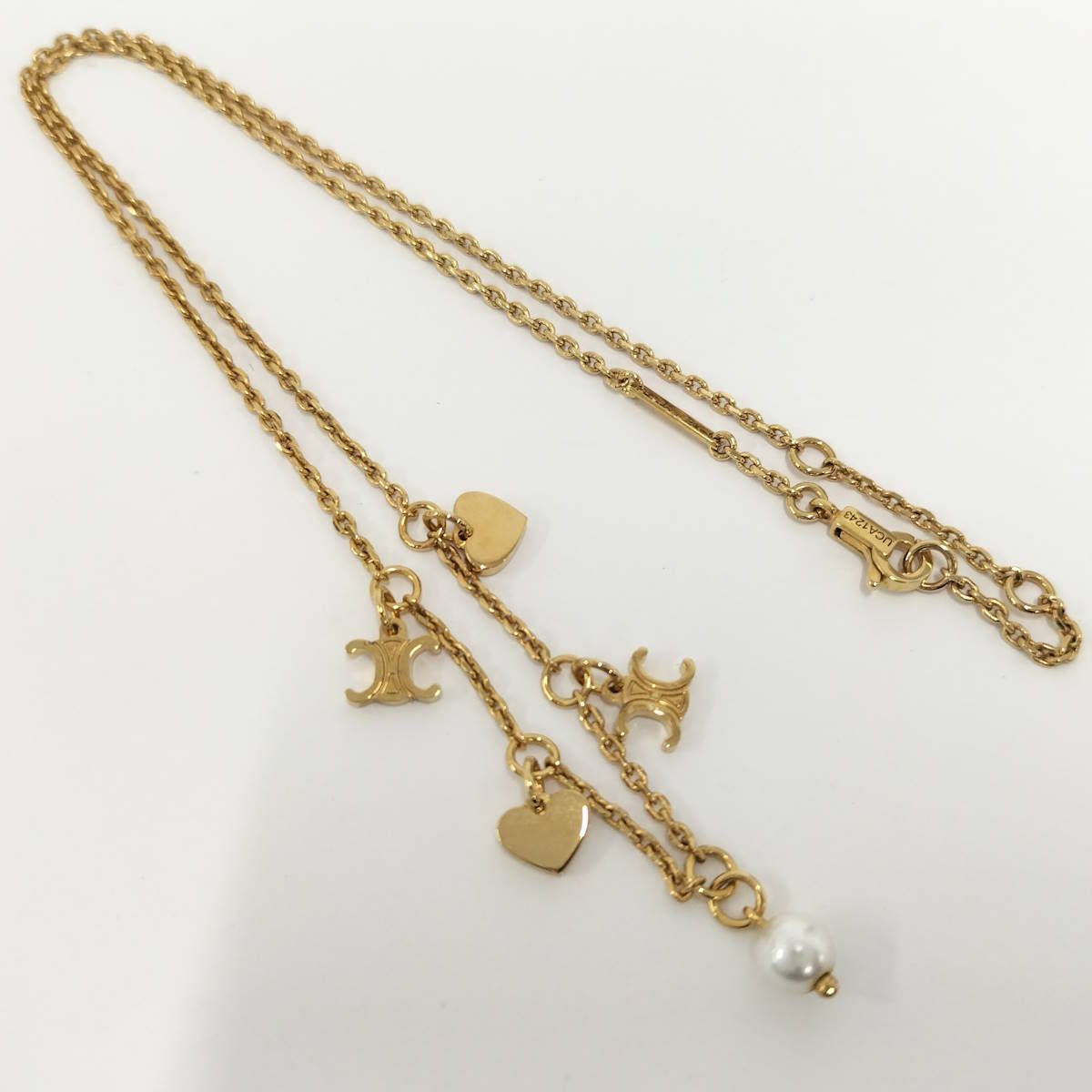 CELINE ゴールド フェイクパール ネックレス トリオンフ ペンダント 美品 CELINE トリオンフ パール ダブル ネックレス ゴールド (CELINE