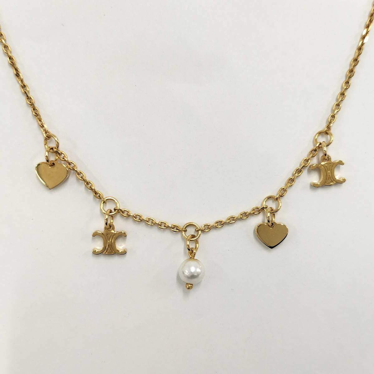 CELINE トリオンフ ハート フェイクパール ネックレス ゴールドカラー