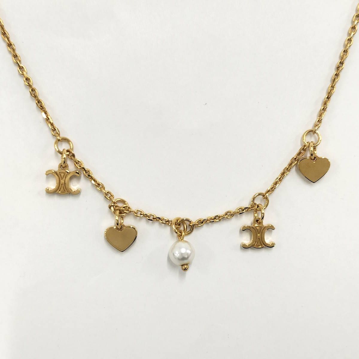 CELINE トリオンフ ハート フェイクパール ネックレス ゴールドカラー