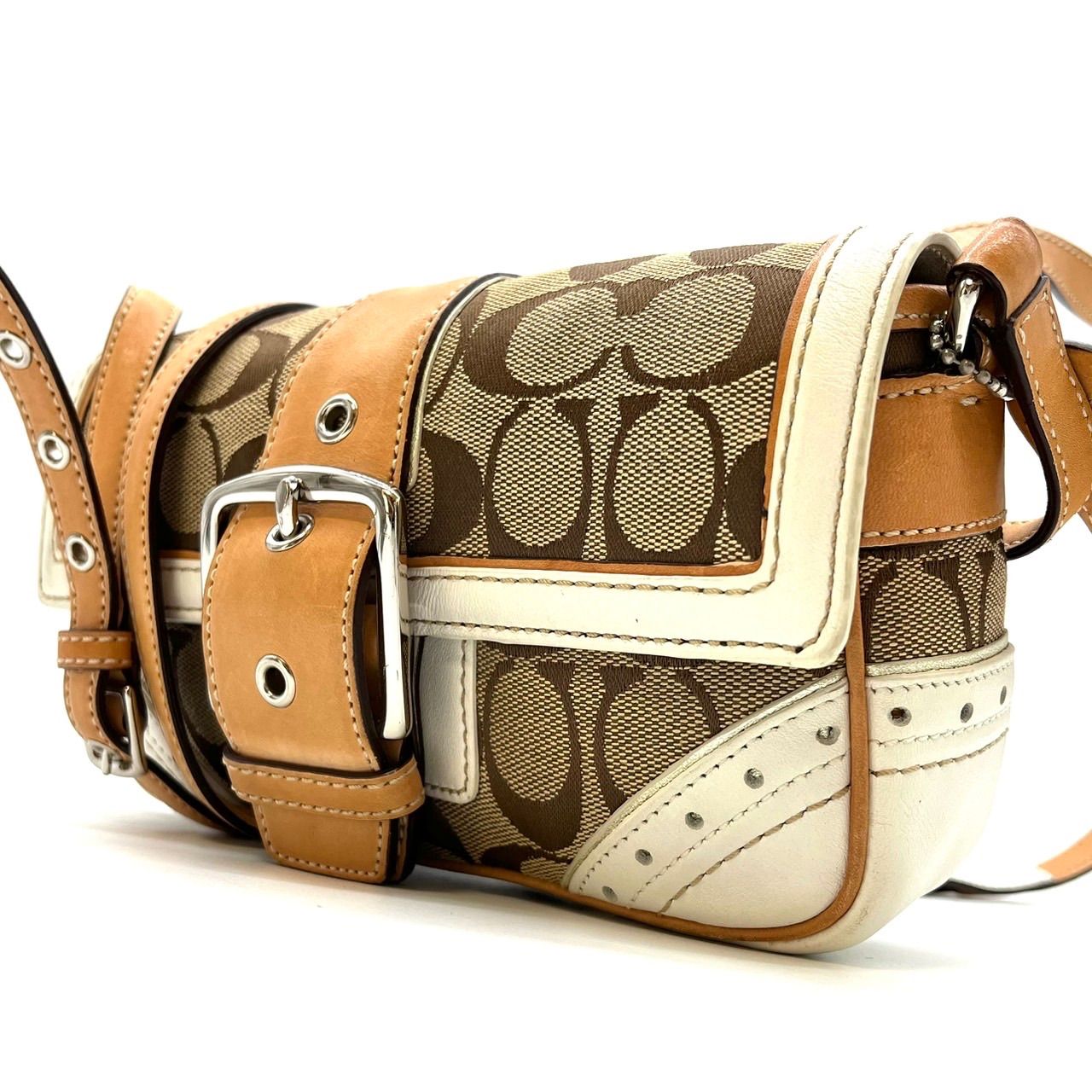 レディース 【良品】 COACH Y2K signature beige brown white leather 