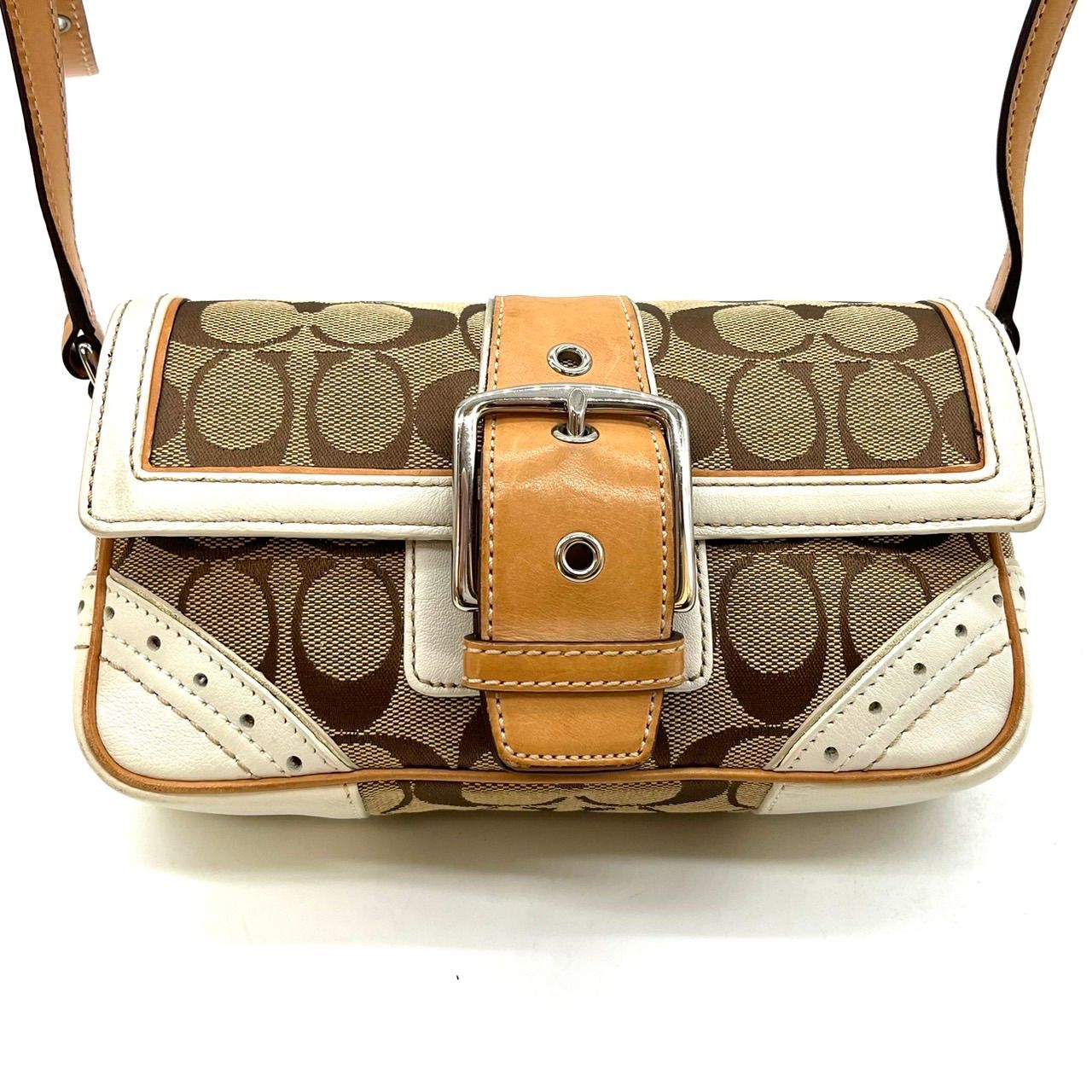 良品】 COACH Y2K signature beige brown white leather canvas belt 