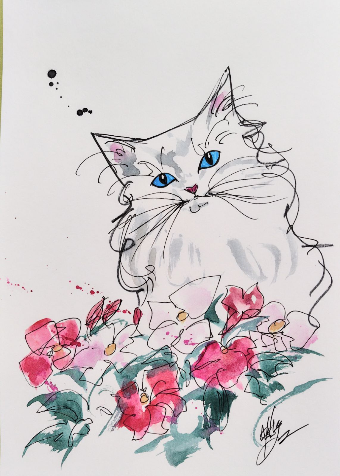原画#267 猫 花 イラスト 絵水彩画 ドローイング インテリア アート