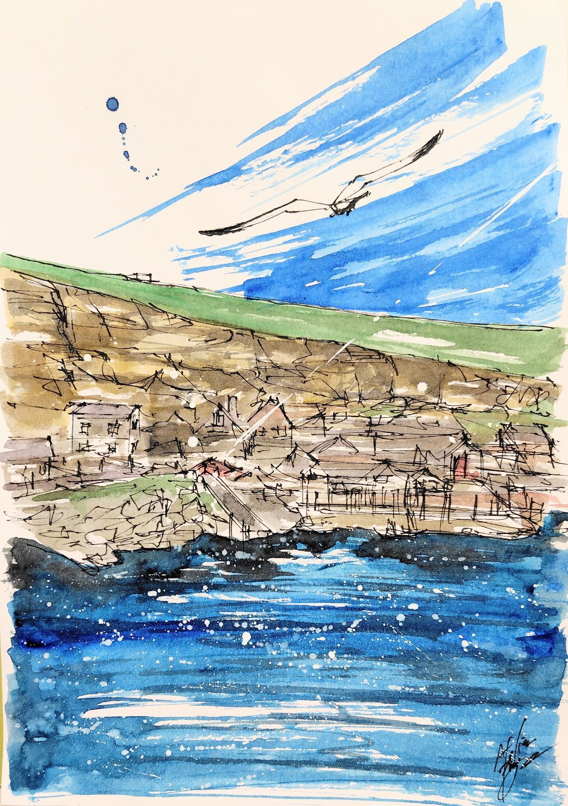 原画#268 マルタ共和国 鳥 地中海 水彩画 ドローイング インテリア