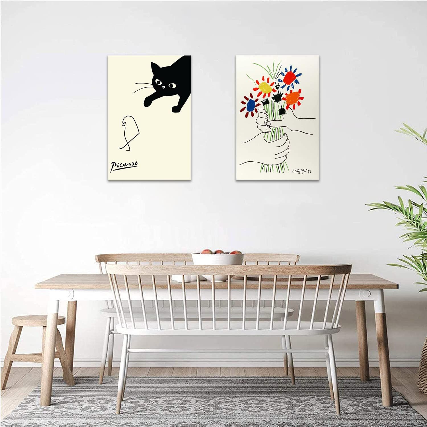 ピカソ ネコの絵 ネコとヒヨコ 絵画 2枚セット 新品 アート ポスター ピカソ 鳥を捕まえる猫 ネコとひよこ 絵画 ピカソ 猫 動物 壁画 パネル 飾り絵 部屋飾り 壁掛け 玄関 木枠付きの完成品(40x60cm x2Pcs) アート