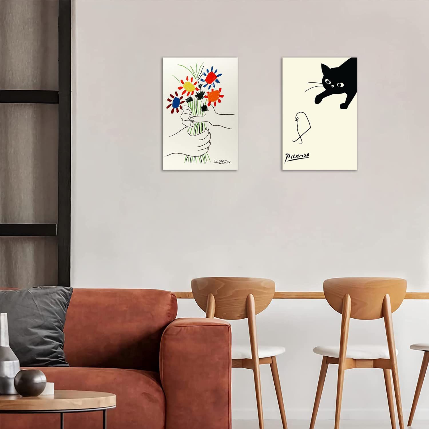 ピカソ ネコの絵 ネコとヒヨコ 絵画 2枚セット 新品 アート ポスター ピカソ 鳥を捕まえる猫 ネコとひよこ 絵画 ピカソ 猫 動物 壁画 パネル 飾り絵 部屋飾り 壁掛け 玄関 木枠付きの完成品(40x60cm x2Pcs) アート