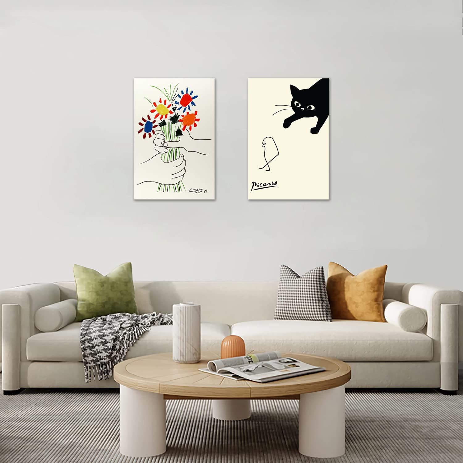 ピカソ ネコの絵 ネコとヒヨコ 絵画 2枚セット 新品 アート ポスター ピカソ 鳥を捕まえる猫 ネコとひよこ 絵画 ピカソ 猫 動物 壁画 パネル 飾り絵 部屋飾り 壁掛け 玄関 木枠付きの完成品(40x60cm x2Pcs) アート