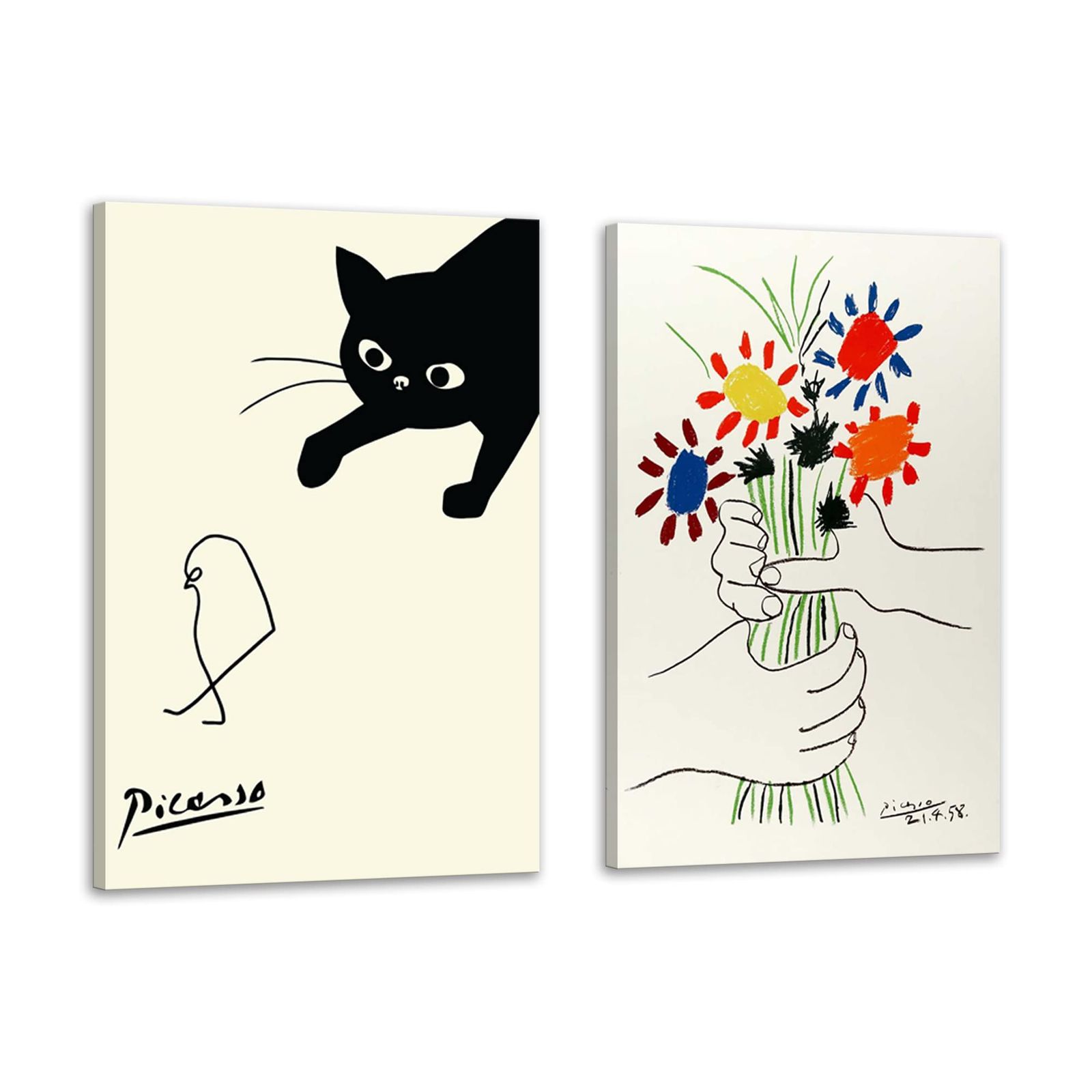 ピカソ ネコの絵 ネコとヒヨコ 絵画 2枚セット 新品 アート ポスター ピカソ 鳥を捕まえる猫 ネコとひよこ 絵画 ピカソ 猫 動物 壁画 パネル 飾り絵 部屋飾り 壁掛け 玄関 木枠付きの完成品(40x60cm x2Pcs) アート