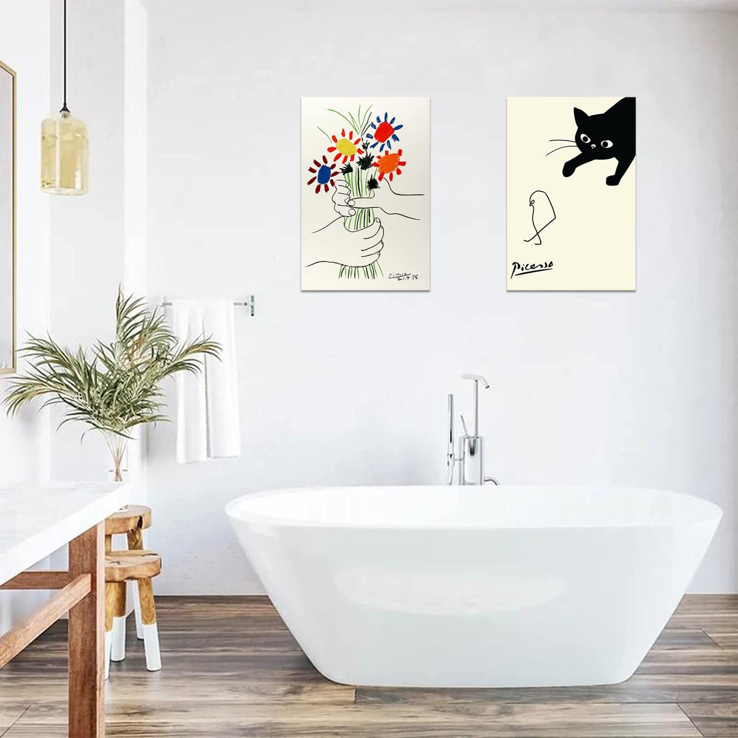 ピカソ ネコの絵 ネコとヒヨコ 絵画 2枚セット 新品 アート ポスター ピカソ 鳥を捕まえる猫 ネコとひよこ 絵画 ピカソ 猫 動物 壁画 パネル 飾り絵 部屋飾り 壁掛け 玄関 木枠付きの完成品(40x60cm x2Pcs) アート