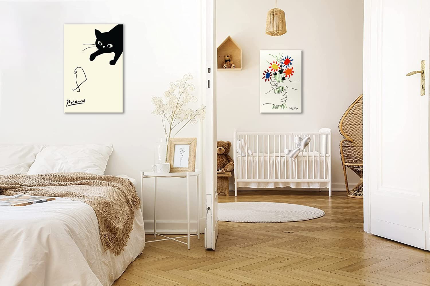 ピカソ ネコの絵 ネコとヒヨコ 絵画 2枚セット 新品 アート ポスター ピカソ 鳥を捕まえる猫 ネコとひよこ 絵画 ピカソ 猫 動物 壁画 パネル 飾り絵 部屋飾り 壁掛け 玄関 木枠付きの完成品(40x60cm x2Pcs) アート