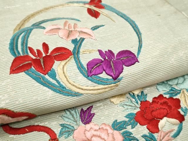 大正ロマン 丸帯 総手刺繍 駒刺繍 枝花文 金糸 引き抜き帯 正絹 逸