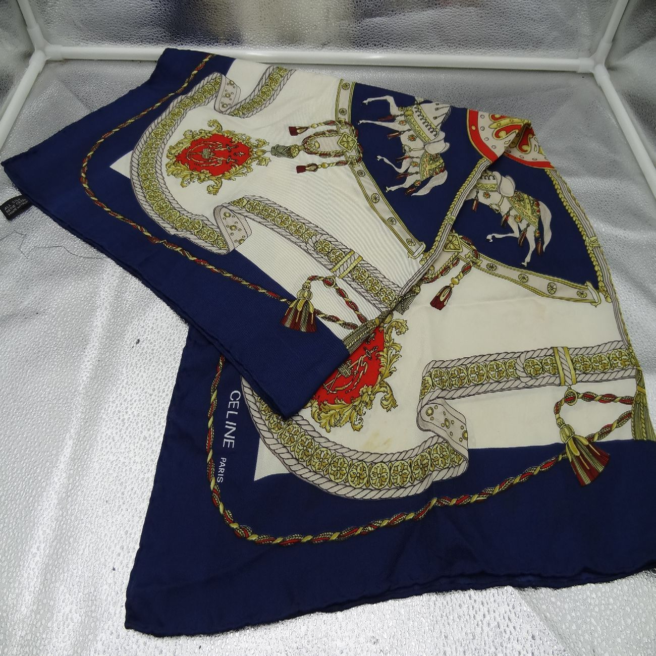 CELINE セリーヌ 大判スカーフ ネイビー系 馬柄 シルクスカーフ