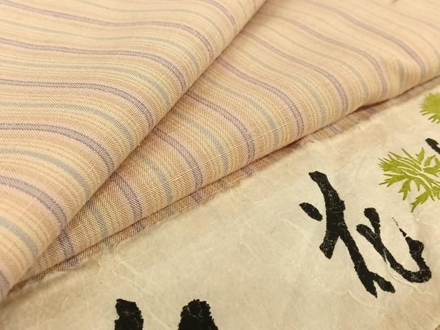 紅花紬　米沢　縞 単衣 山形県 米沢 新品 紅花染め 真綿縞紬 阿古耶紬 小紋 御仕立上り