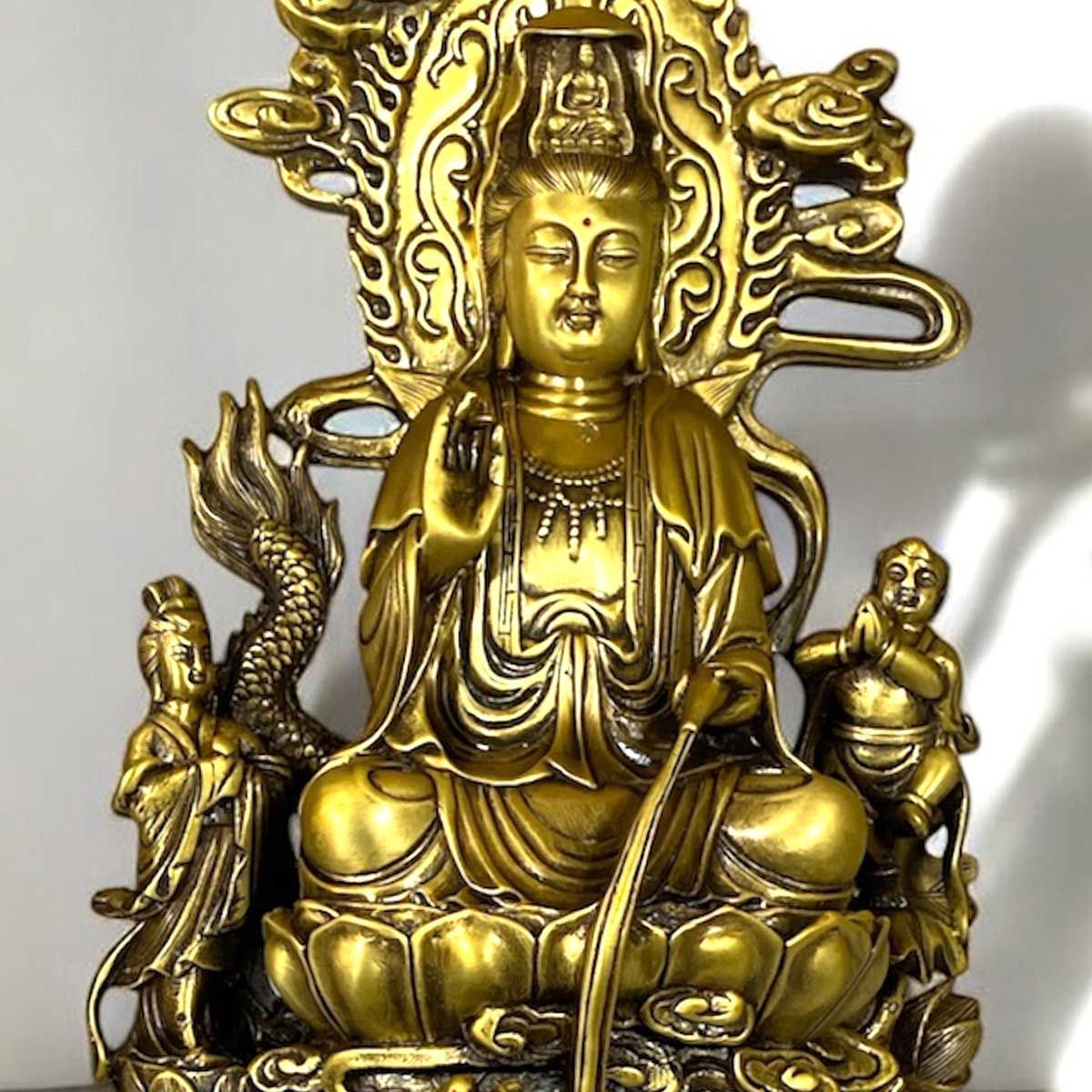 護法龍頭観音（騎龍観音） 真鍮製 高さ44cm 龍女・善財童子 龍神 仏像