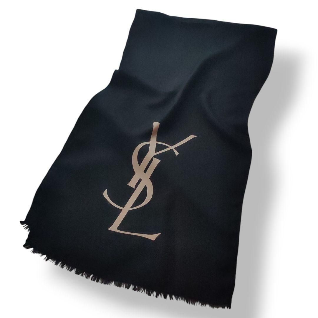 イヴサンローラン シルク ロングスカーフ 無地 YSLロゴ ブラック