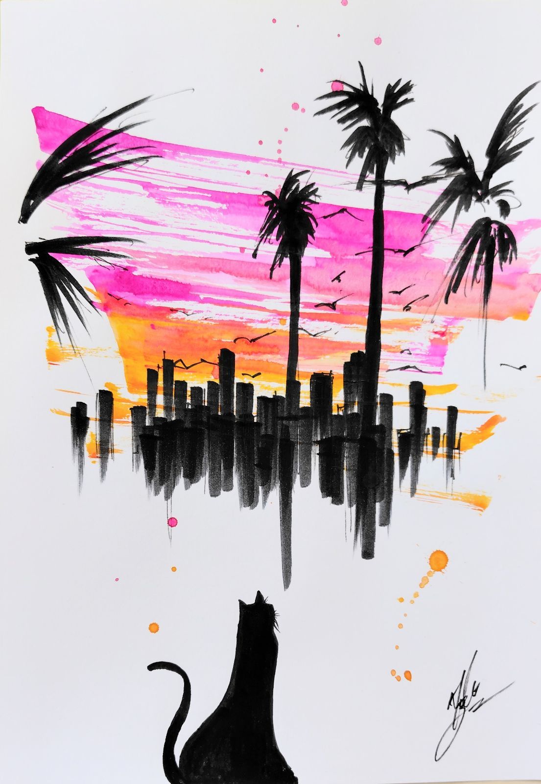 原画#270 黒猫 夕暮れ ロサンゼルス 水彩画 ドローイング インテリア