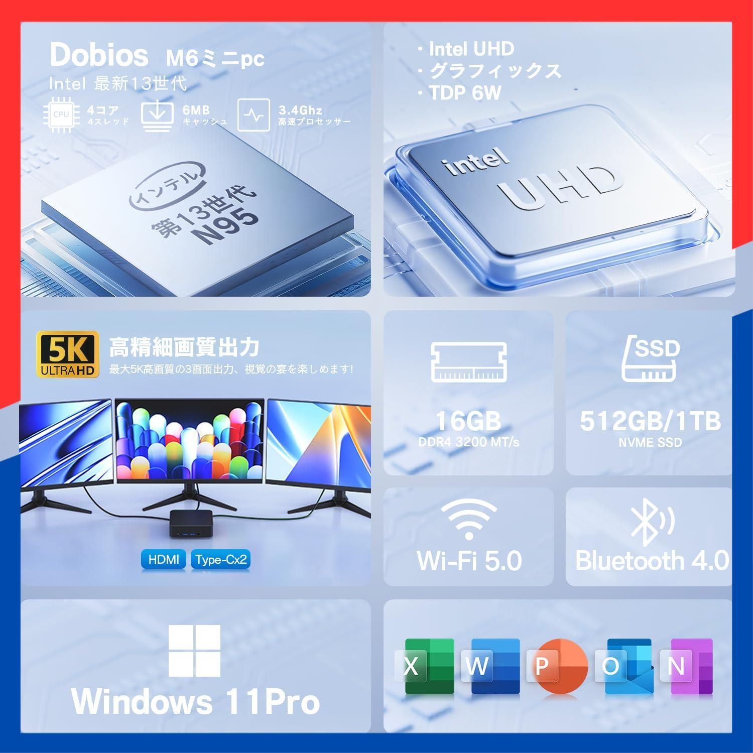  商品 Windows 11 Pro office 2025搭載 pc DDR 4 16 GB 512 mini Nvme SSD N 95 4コア 4スレッド WIFI 5 インテル 小型PC Dobios 2025新モデル ミニパソコン 3画面同時出力HDMI その他 文房具 事務用品