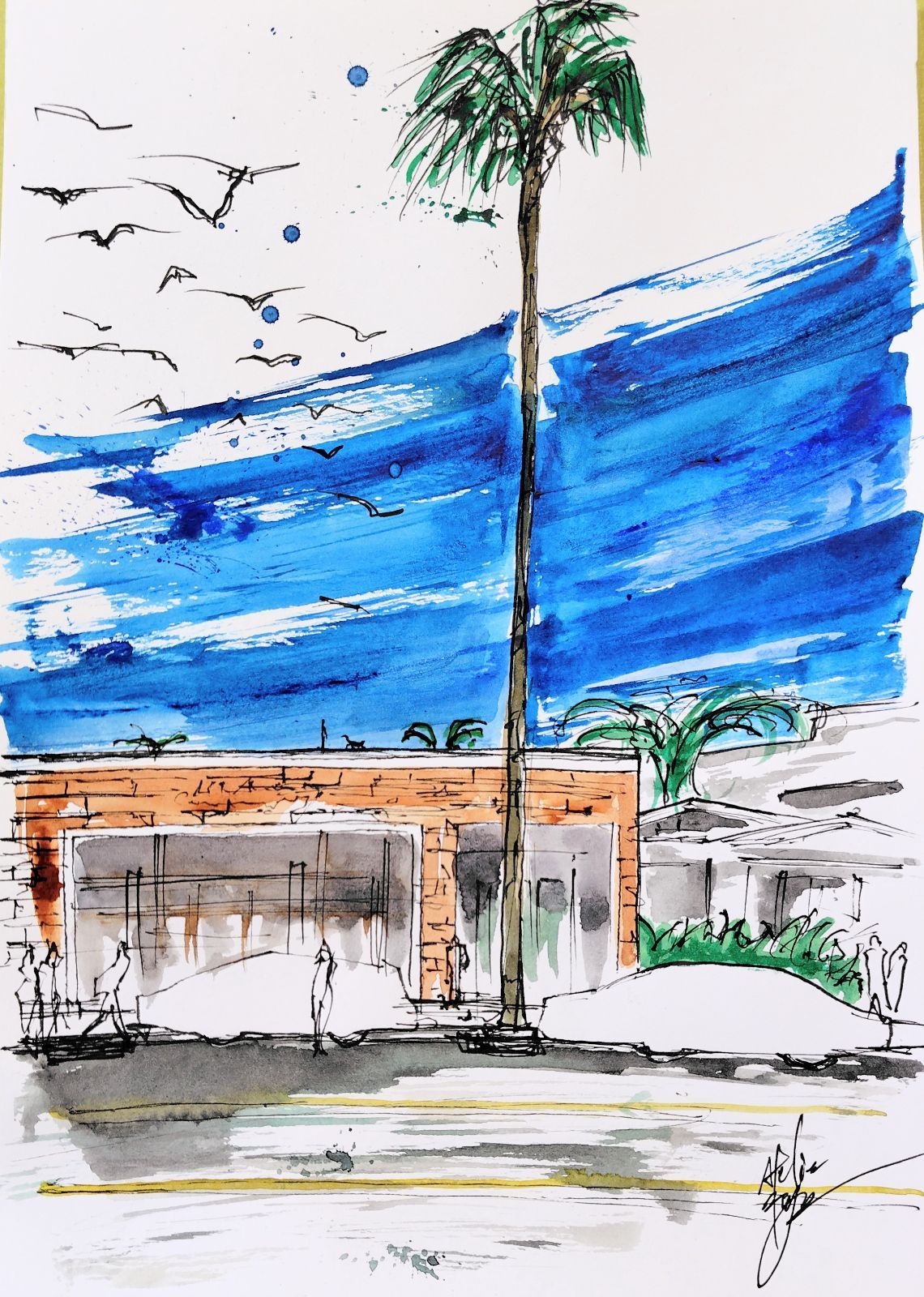 原画#271 黒猫 ロサンゼルス 水彩画 ドローイングインテリア アート