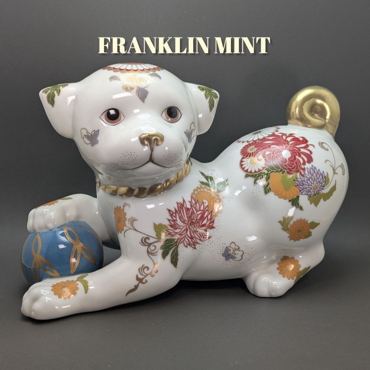 日本製】縁起物 フランクリンミント 犬 置物 花柄 陶器人形