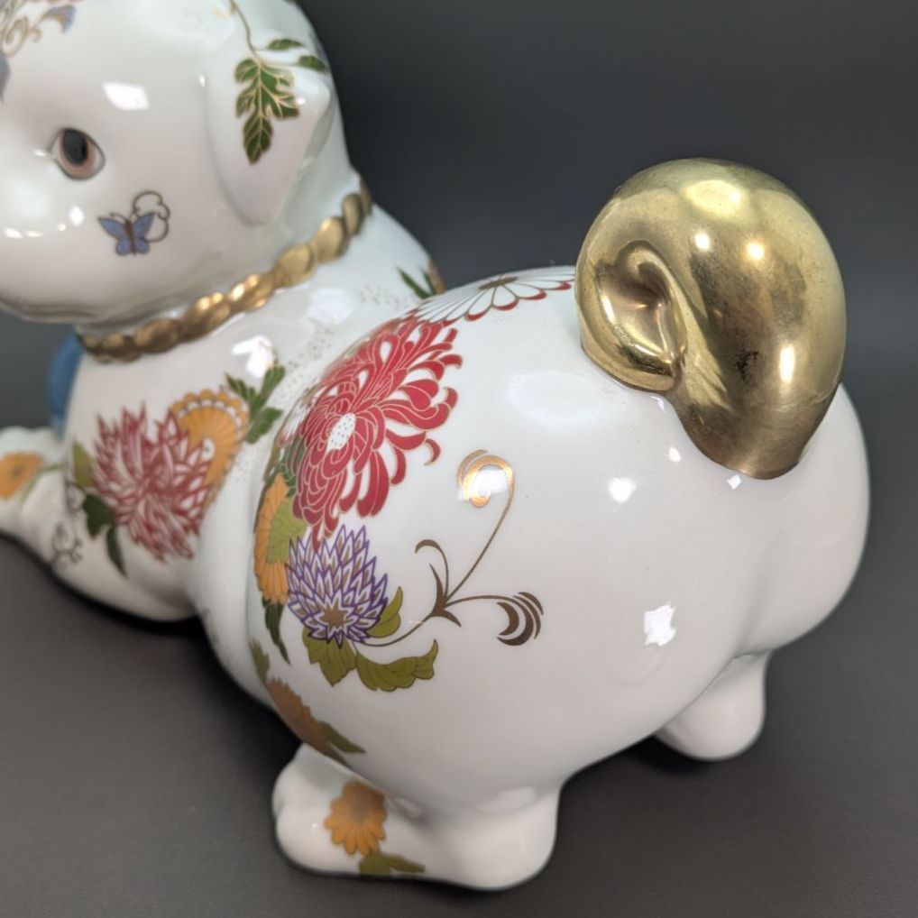 日本製】縁起物 フランクリンミント 犬 置物 花柄 陶器人形