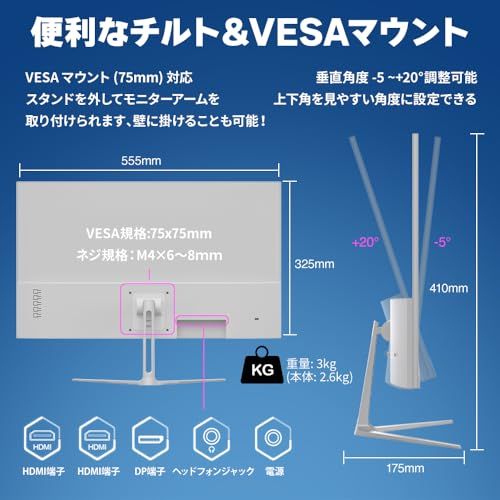 cocopar モニター 24.5インチ 白 HDMI2つ 200Hz 120%sRGB広色域 350nit