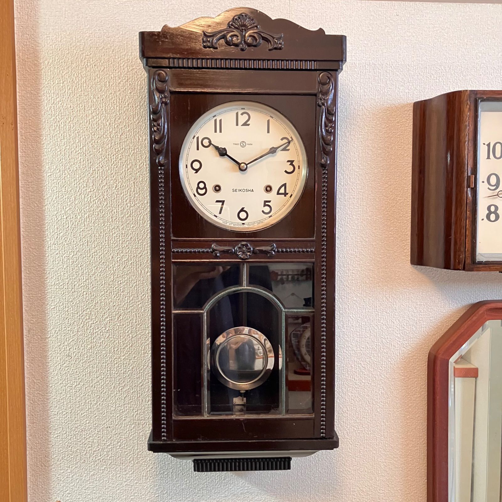 昭和レトロ 精工舎宮型本打ちステンドガラス調窓ロング掛時計