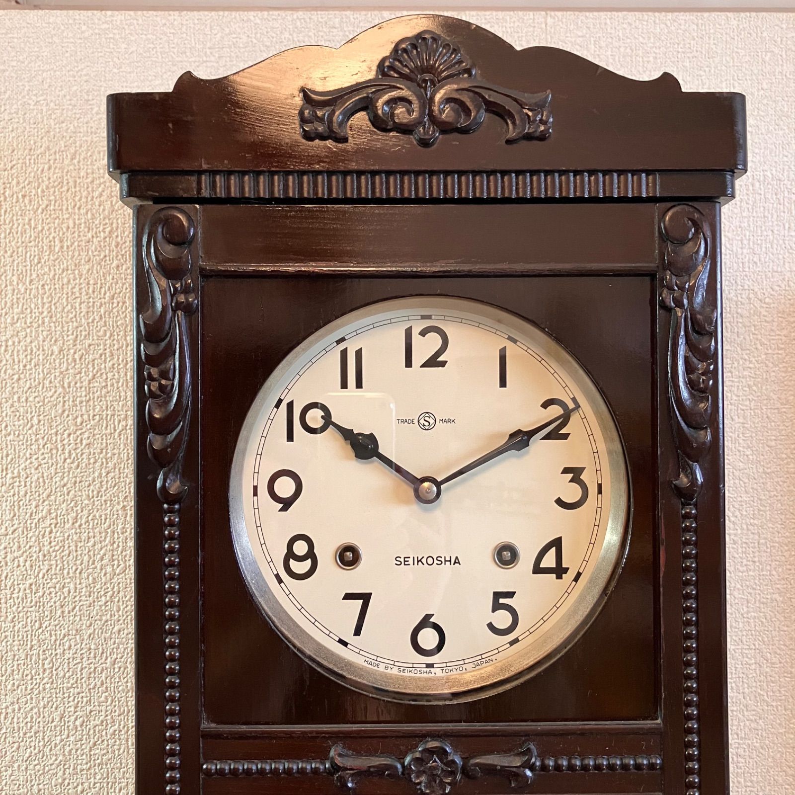 昭和レトロ 精工舎宮型本打ちステンドガラス調窓ロング掛時計