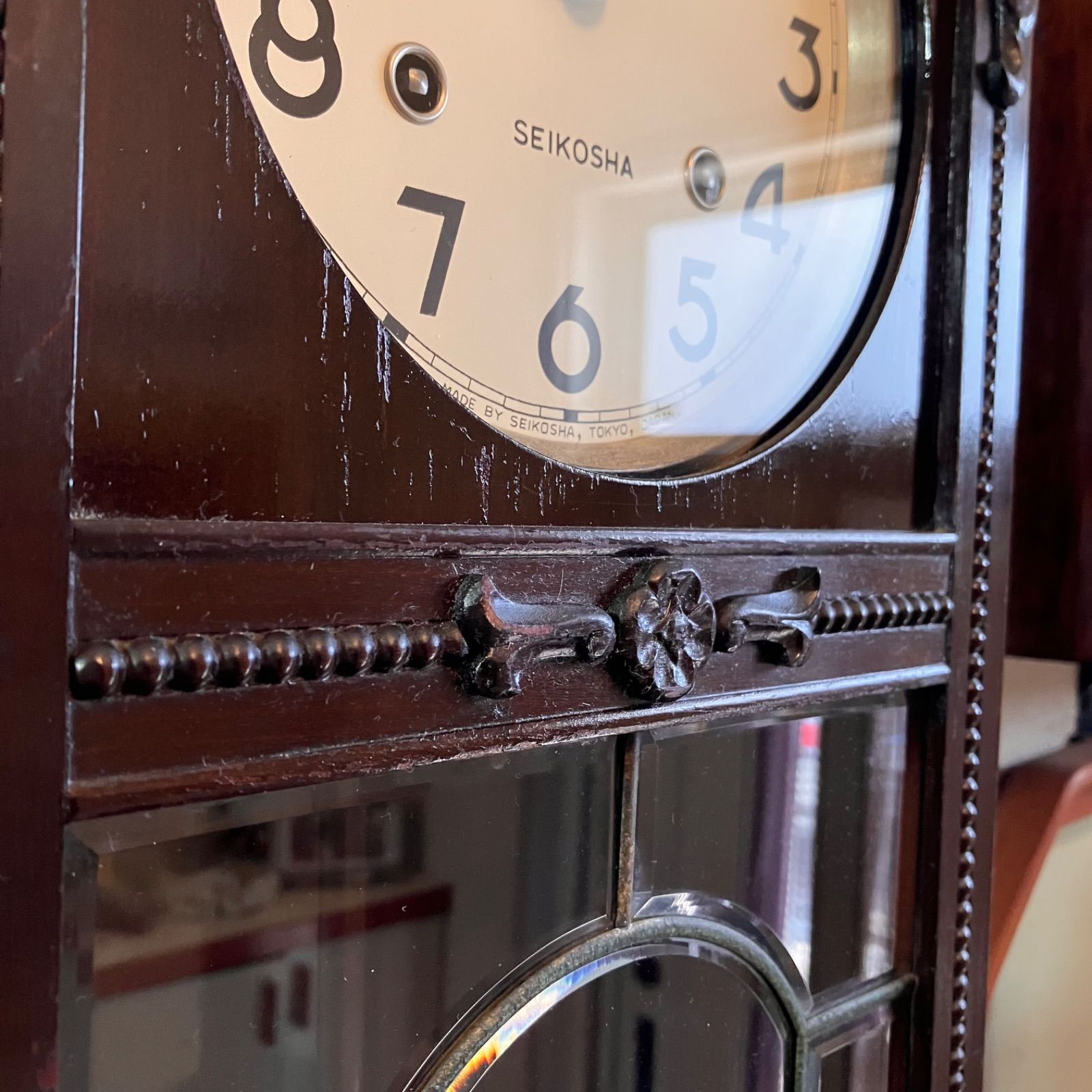 昭和レトロ 精工舎宮型本打ちステンドガラス調窓ロング掛時計