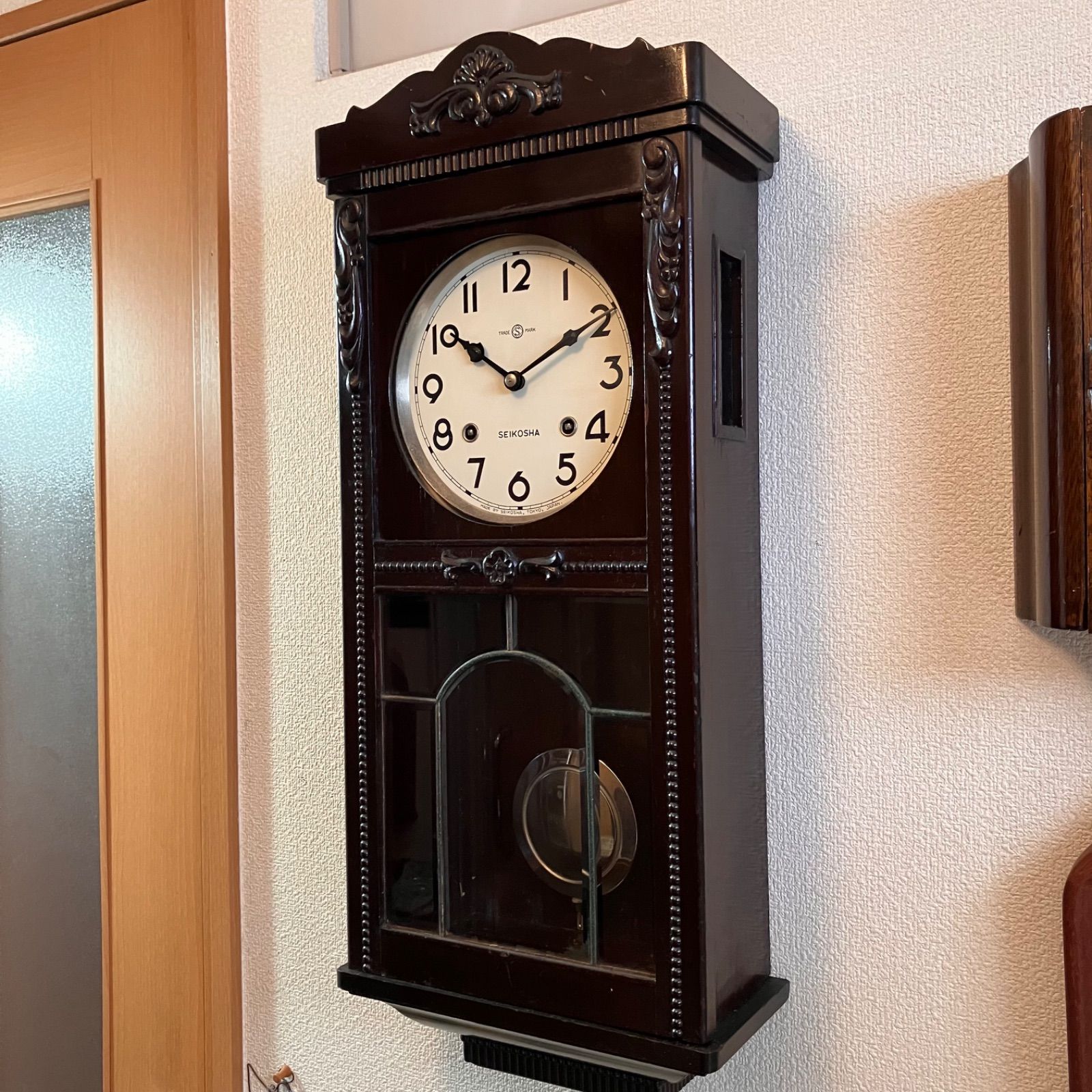 昭和レトロ 精工舎宮型本打ちステンドガラス調窓ロング掛時計